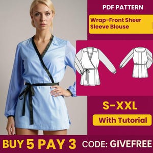 Blouse Sewing Pattern PDF  | Digital Download Pattern | Beginner Friendly Pattern | Wrap-Front Sheer Sleeve Blouse pattern