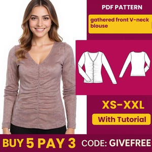 Blouse Sewing Pattern PDF  | Digital Download Pattern | Beginner Friendly Top Pattern |  gathered front V-neck Blouse pattern