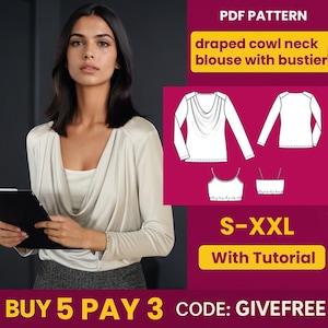 Draped Cowl Neck Blouse Sewing Pattern: Beginner-Friendly PDF (S-XXL A4)