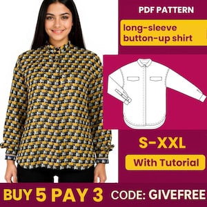 Button-Up Blouse Sewing Pattern: Long Sleeve DIY Top (PDF Download)