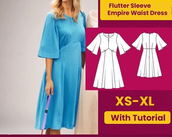 Flutter Sleeve Empire Waist Dress Sewing Pattern: Beginner Friendly (PDF  Download) - Etsy