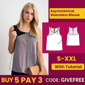 May include: An asymmetrical sleeveless blouse with a geometric pattern in blue, red, and white. The top features a black shoulder and neckline detail. The image also includes a diagram of the blouse and text that reads "S-XXL With Tutorial".