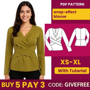 May include: A woman wearing an olive green wrap-effect blouse with long sleeves and a V-neck. The image includes a PDF pattern graphic and text that reads "wrap-effect blouse" and "XS-XL With Tutorial".