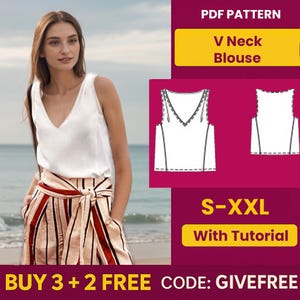 Blouse Sewing Pattern PDF  | Digital Download Pattern | Beginner Friendly Top Pattern | DIY Women&#39;s Clothing  | V Neck Blouse pattern
