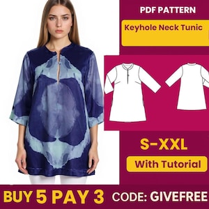 Blouse Sewing Pattern PDF  | Digital Download Pattern | Beginner Friendly Top Pattern | Keyhole Neck Tunic Blouse pattern