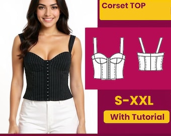 May include: A black pinstripe corset top with a sweetheart neckline and hook-and-eye closure. The image includes a PDF pattern graphic and text that reads "Corset TOP" and "S-XXL With Tutorial".