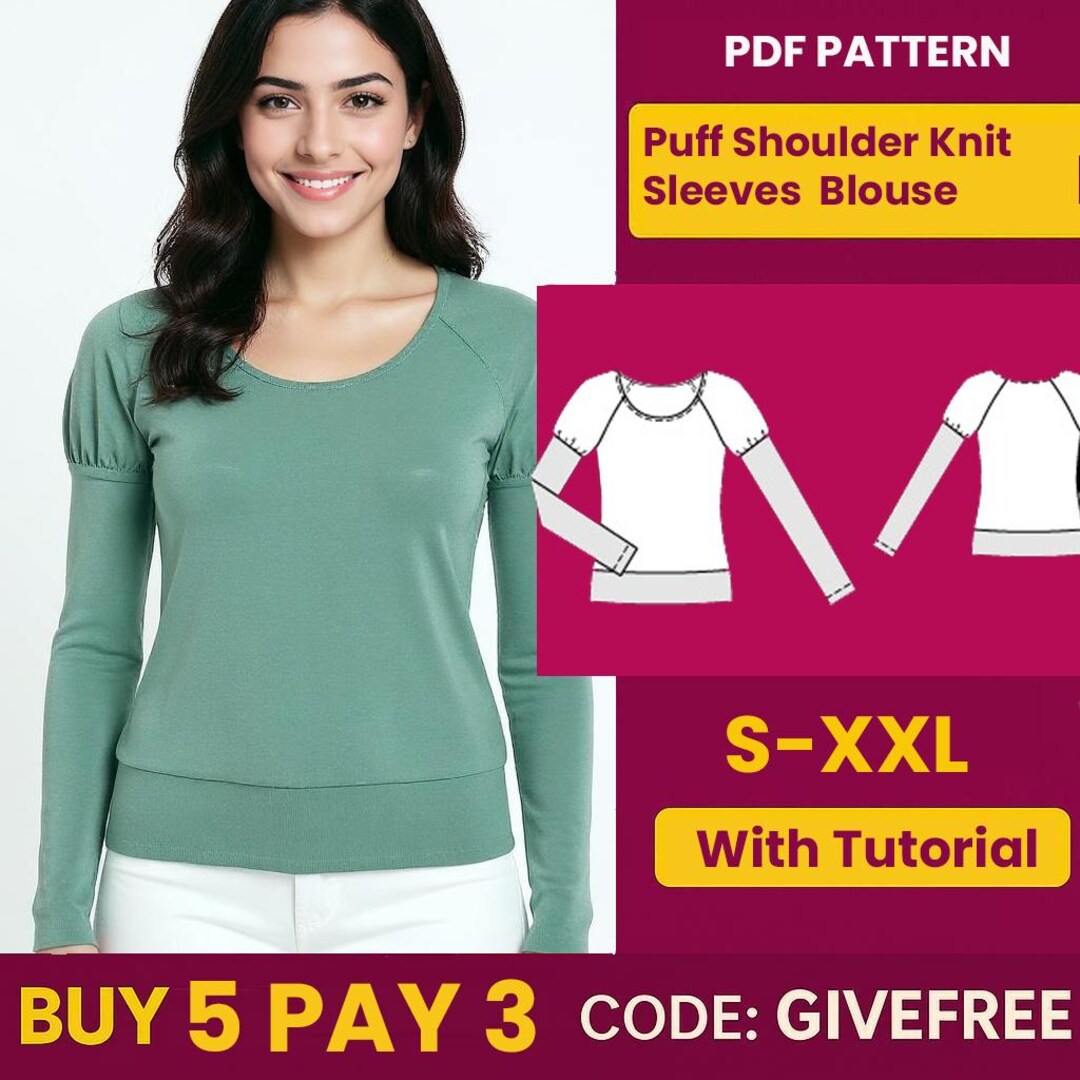Puff Sleeve Blouse Sewing Pattern | Knit Top, Beginner Friendly (PDF ...