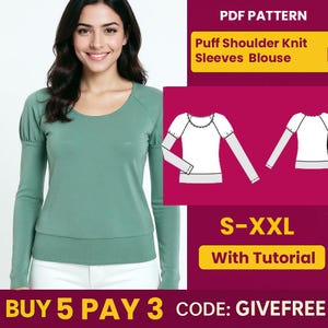 Blouse Sewing Pattern PDF  | Digital Download Pattern | Beginner Friendly Top Pattern | Long Sleeve Puff Shoulder Knit Blouse pattern