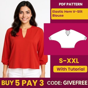 Blouse Sewing Pattern PDF  | Digital Download Pattern | Beginner Friendly Top Pattern | Elastic Hem V-Slit Blouse pattern