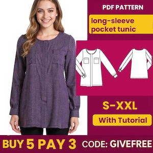 Patrón de costura de blusa en PDF / Patrón de descarga digital / Patrón de blusa para principiantes / Patrón de túnica de bolsillo de manga larga