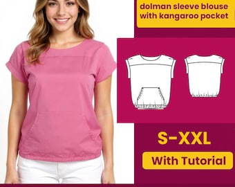 Könnte beinhalten: Eine Frau trägt eine rosa Dolman-Bluse mit Kängurutasche. Das Bild enthält eine PDF-Mustergrafik und den Text "dolman sleeve blouse with kangaroo pocket" und "S-XXL With Tutorial". Der Text "BUY 5 PAY 3 CODE: GIVEFREE" ist ebenfalls sichtbar.