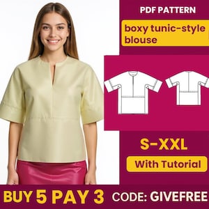 Op de afbeelding: Een vrouw draagt een lichtgele, boxy tuniek-stijl blouse met korte mouwen en een V-hals. De afbeelding bevat een PDF-patroonafbeelding en de tekst "boxy tunic-style blouse" en "S-XXL With Tutorial".