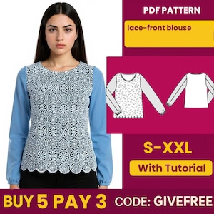 Blouse Sewing Pattern PDF  | Digital Download Pattern | Beginner Friendly Top Pattern |   lace-front blouse  sheer sleeves Blouse pattern