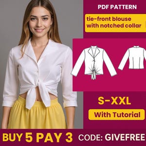 Könnte beinhalten: Eine weiße Bluse zum Binden mit einem Reverskragen, kombiniert mit einem gelben Rock. Das Bild enthält eine PDF-Mustergrafik und den Text "S-XXL With Tutorial". Der Text "BUY 5 PAY 3 CODE: GIVEFREE" ist ebenfalls sichtbar.