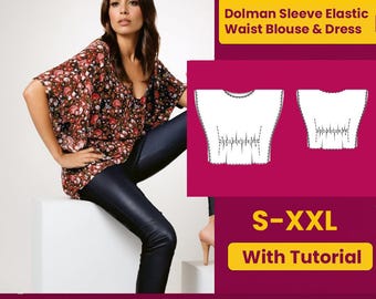 Könnte beinhalten: Eine Frau trägt eine Bluse mit Fledermausärmeln und Blumenmuster sowie dunkelblaue Hosen. Das Bild enthält ein PDF-Muster für eine Bluse und ein Kleid mit elastischer Taille und Fledermausärmeln, Größen S-XXL, mit Anleitung.