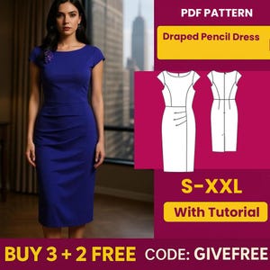 Op de afbeelding: Een vrouw draagt een koningsblauwe, gedrapeerde potloodjurk. De afbeelding bevat een PDF-patroon met de tekst "Draped Pencil Dress" en "S-XXL With Tutorial". De tekst "BUY 3 + 2 FREE CODE: GIVEFREE" is ook zichtbaar.