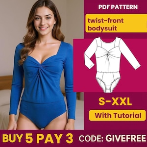 Könnte beinhalten: Ein blaues Bodysuit mit Twist-Front und langen Ärmeln. Das Kleidungsstück hat einen quadratischen Ausschnitt und ein Knotendetail an der Brust. Das Bild enthält auch eine PDF-Mustergrafik und den Text "S-XXL With Tutorial".