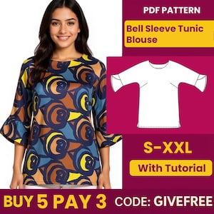 Patrón de costura de blusa en PDF / Patrón de descarga digital / Patrón de blusa para principiantes / Patrón de blusa túnica con mangas acampanadas