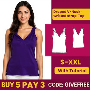 May include: A woman wearing a purple draped V-neck twisted strap top. The image includes a diagram of the top and text that reads "S-XXL With Tutorial". The text "BUY 5 PAY 3" and "CODE: GIVEFREE" is also visible.