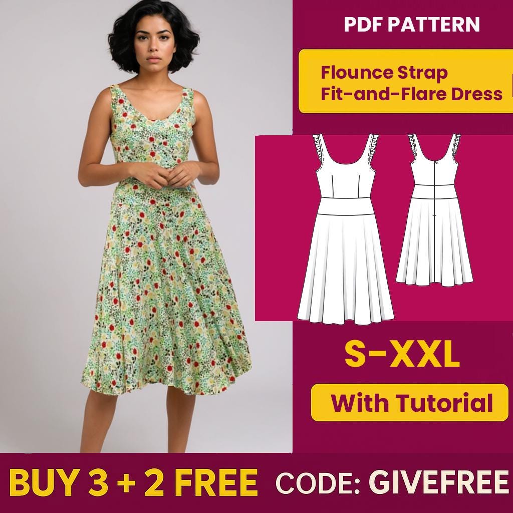 Flounce Strap Fit-and-Flare Dress Sewing Pattern: Beginner Friendly (PDF Download) Flounce Strap Fit-and-Flare Dress Sewing Pattern: Beginner Friendly (PDF Download)