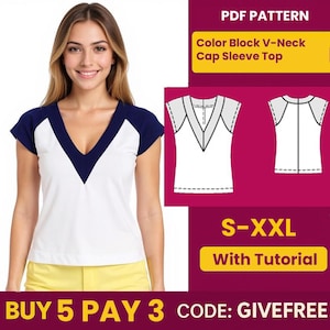Color Block Top Sewing Pattern: V-Neck Cap Sleeve Blouse (PDF Pattern)