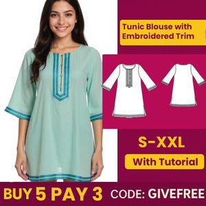 May include: A light teal tunic blouse with embroidered trim and three-quarter sleeves. The blouse features a keyhole neckline and teal trim on the sleeves and hem. The image also includes a pattern and the text "S-XXL With Tutorial".