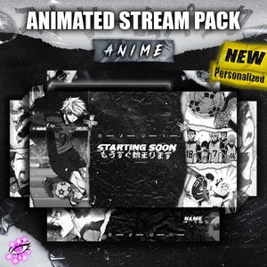 May include: Black and white animated stream pack with an anime theme. The design includes a soccer player, the text "STARTING SOON" and Japanese text. The pack also includes a "NEW Personalized" sticker.