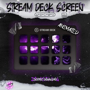Puede incluir: Pantalla de Stream Deck animada con un esquema de color morado y negro. La pantalla muestra una cuadrícula de 16 botones con un fondo morado y un borde negro. Los botones están animados con un personaje de una serie de anime. El texto "STREAM DECK" y "ANIMATED" es visible en la pantalla.