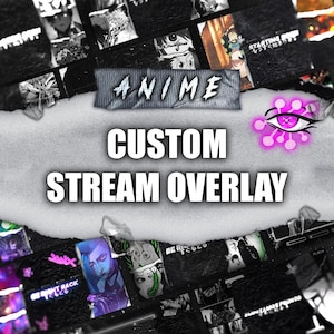 Puede incluir: Diseño gráfico digital con la palabra "ANIME" en una pancarta gris, con el texto "CUSTOM STREAM OVERLAY" en letras blancas en negrita. El diseño incluye ilustraciones de personajes de anime y un gráfico de ojo rosa.