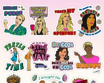 May include: A sticker pack titled THE CLASSICS STICKER PACK containing 11 individual die-cut stickers. Each sticker features a colorful illustrated character with text bubbles and phrases like MERCE IS IN THE PURSE, TURTLE TIME, and BLOOP.