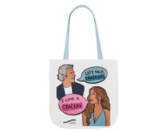 May include: A white tote bag with light blue handles featuring a graphic illustration of two people with speech bubbles. The top bubble says LET'S TALK CRACKAHS and the bottom bubble says I LOVE A CRACKAH. The text DrawMeBitch is printed at the bottom.
