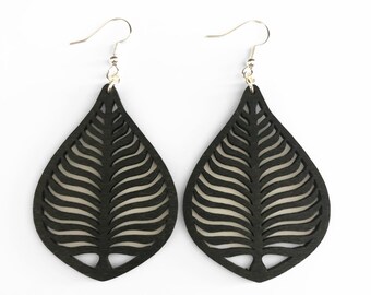 Modern Black Palm Leaf Wood Earrings