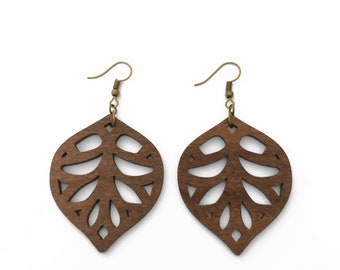 Dark Chocolate Brown Wood Leaf Earrings