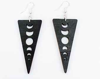 Black Moon Phase Wood Earrings