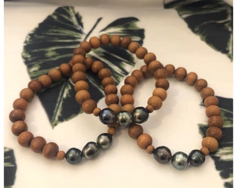 Triple Tahitian Pearl and Iliahi (sandalwood) Bracelet