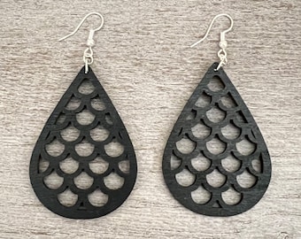 Black Wooden Mermaid Scalloped Earrings