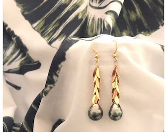 Tahitian Pearl and Maile Lei Earrings