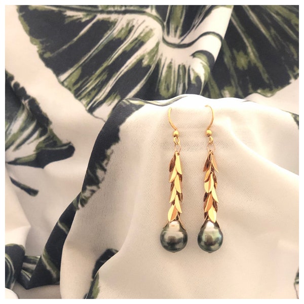 Tahitian Pearl and Maile Lei Earrings