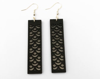 Black Mermaid Scales Wood Bar Earrings