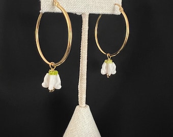 White Crown Flower Gold Hoop Earrings