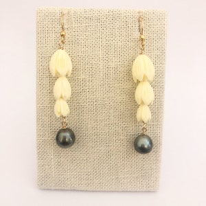 Three Bead Pikake and Tahitian Pearl Earrings