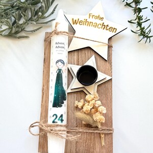 Weihnachtskerze mit Kerzehalter Frohe Weihnachten auf Eichenholz als Geschenkset