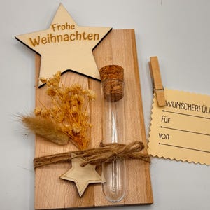 Wensvervuller Vrolijk Kerstfeest Voucher in een reageerbuis Kerstgeld Cadeau Hart Ster Ballonnen gemaakt van Eikenhout
