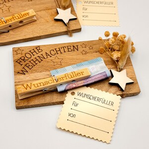 Fijne Kerst wensvervuller voucher met houten clip contant cadeau gemaakt van eikenhout