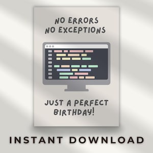 エラーなし、例外なし | 面白いプログラマーの誕生日カード | プログラマーのグリーティングカード | ソフトウェアユーモアカード | デジタル印刷可能なカード