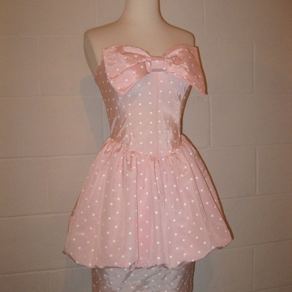 1980s Pink Polka Dot Prom Dress // Bubble Hem // Strapless // Mini Dress // size Small 3 / 4 // Spring Fashion // Blush Pink