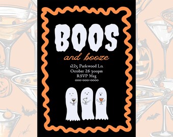Invito per la festa di Halloween "Boos and Booze" / Design "Ghost Martini" (Modello digitale scaricabile da Canva)