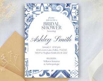 Blue Tile Bridal Shower Invitation | Mediterranean Design (Digital Download Canva Template)