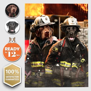 Fireman, Fire Officer, Fire Fighter 2 Pets Digital Portrait, Personalized Pet Portrait, Pet Remembrance, Custom Dog Painting, Pet Lover Gift