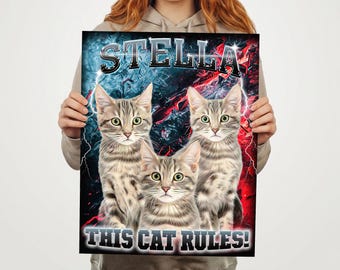 Peut inclure: Une affiche avec trois chats tigrés gris aux yeux verts. Le mot "STELLA" est en haut et "THIS CAT RULES!" en bas. Le fond présente des effets d'éclairage bleus et rouges.